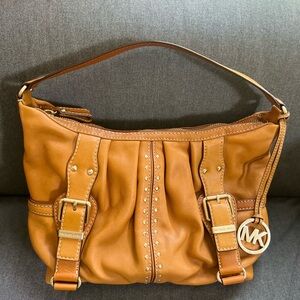 Michael Kors Astor Studded Leather Shoulder Bag Satchel Purse in Brown Luggage